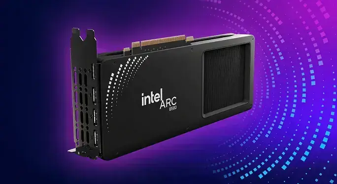 an image of an intel arc b580 graphics card on intel branded blended colour background